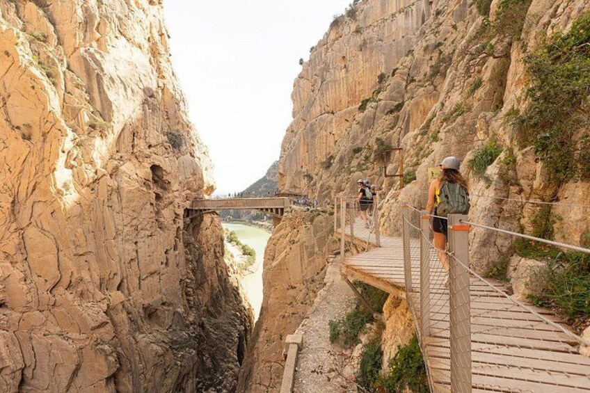A wooden bridge over a canyon with hikers on the trail. 4
