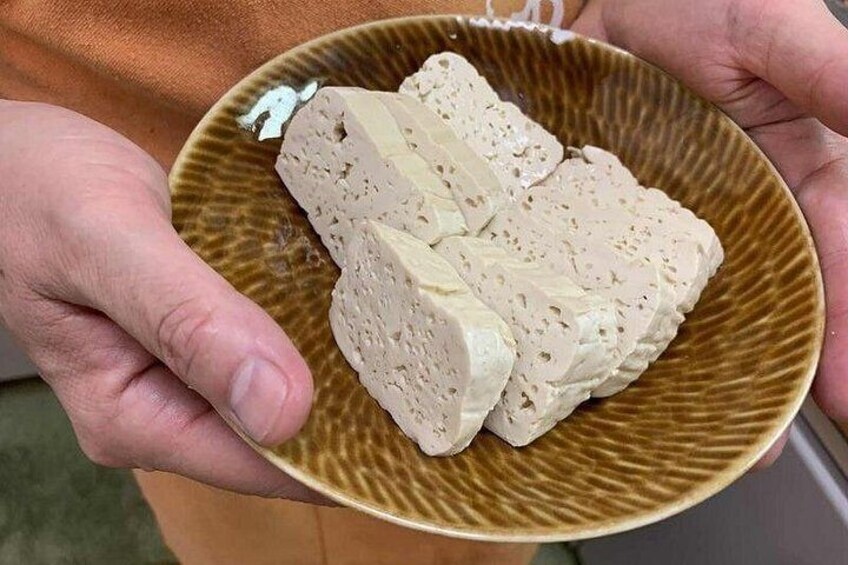 A person holding a brown ceramic plate with slices of tofu. 2