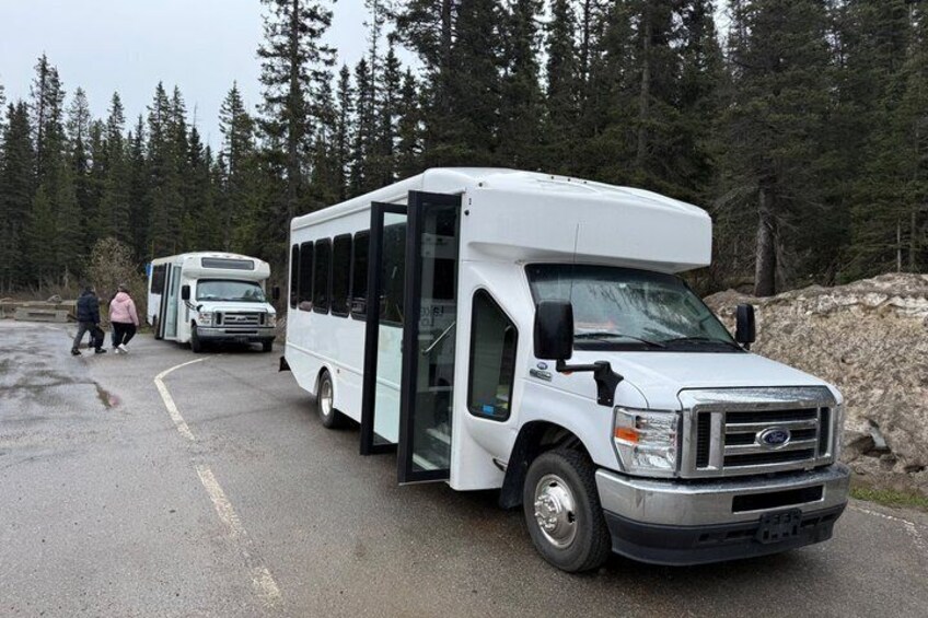 A white bus parked on a road with a forest in the background. 4