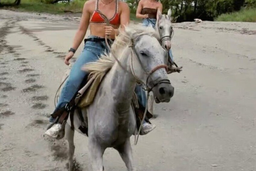 A person riding a horse on a paved road. 5