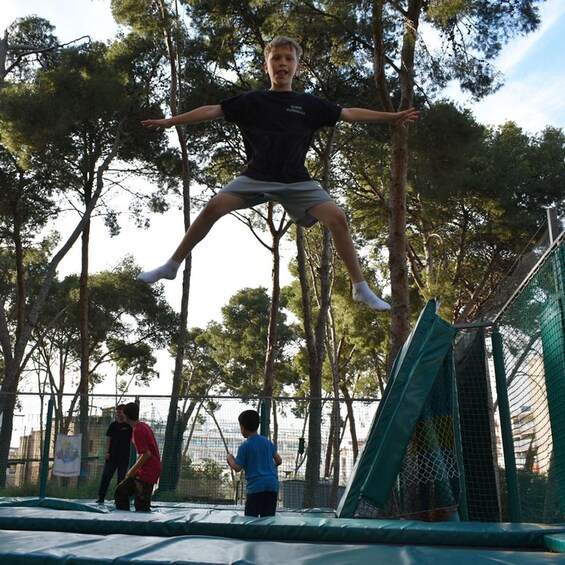 A person mid-jump on a trampoline surrounded by trees and a netted enclosure. 3
