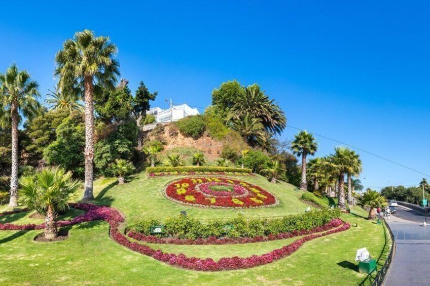 A landscaped garden with a circular flower bed, palm trees, and a building in the background. 1