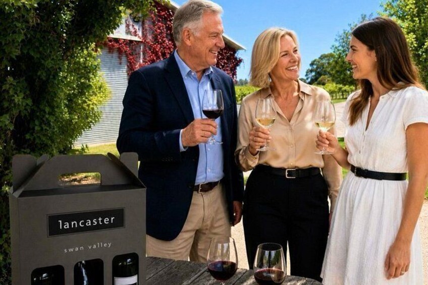 A group of people standing outdoors, holding wine glasses, with a wine bottle and a wine cooler labeled 'Lancaster Swan Valley' in the foreground. 1