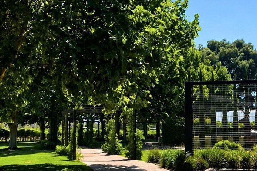 A pathway lined with trees and a metal fence. 2