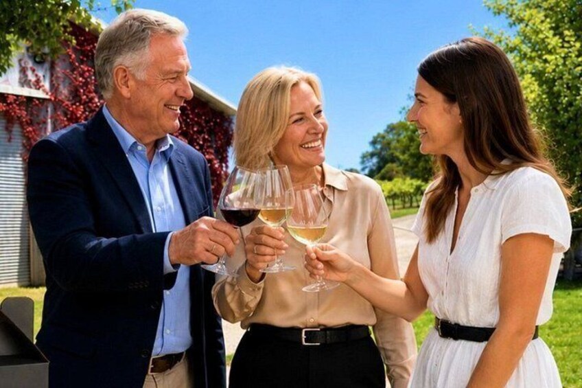 Three people toasting with wine glasses in a vineyard setting. 5