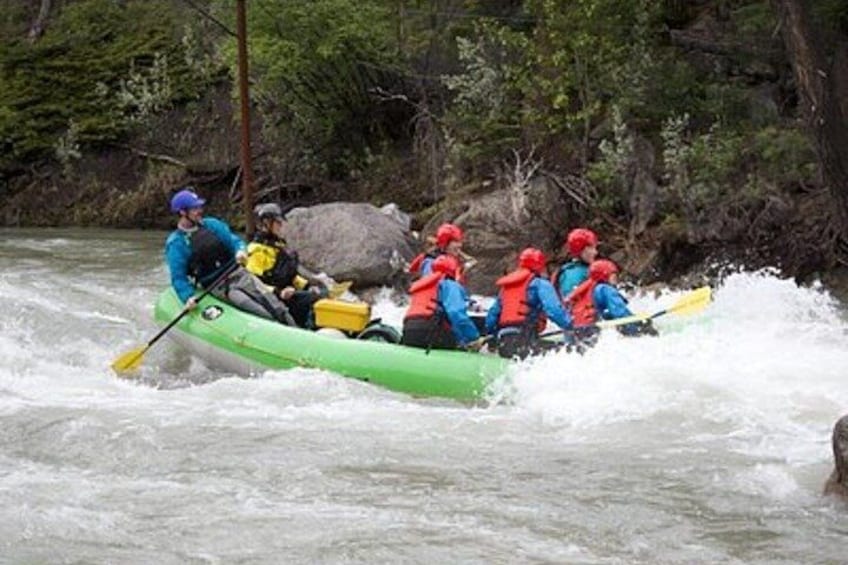 A group of people kayaking on a river surrounded by trees. 5