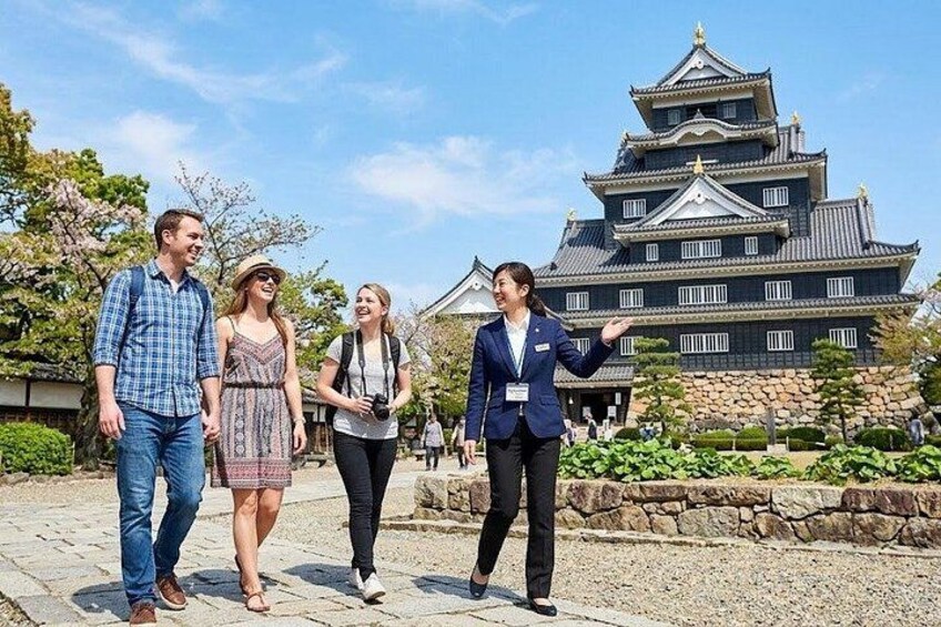 A group of people walking in front of a large, multi-tiered castle-like structure. 1