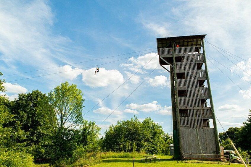 A tall wooden tower with a platform at the top, surrounded by greenery and a clear sky. 1