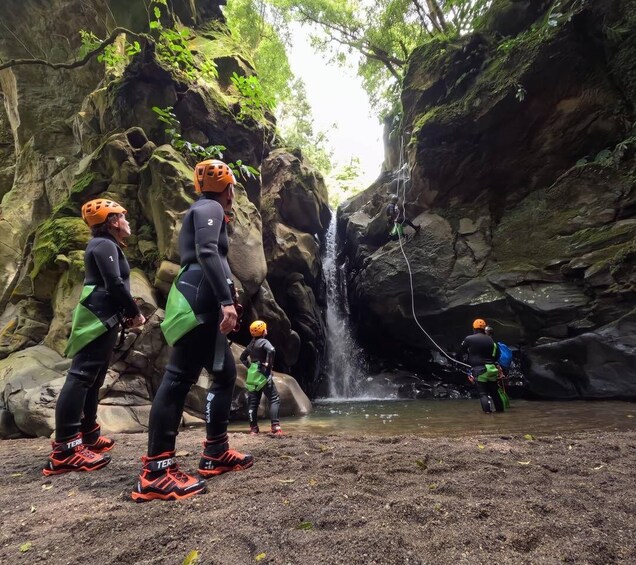 A group of people in wetsuits and helmets near a waterfall in a rocky canyon. 4