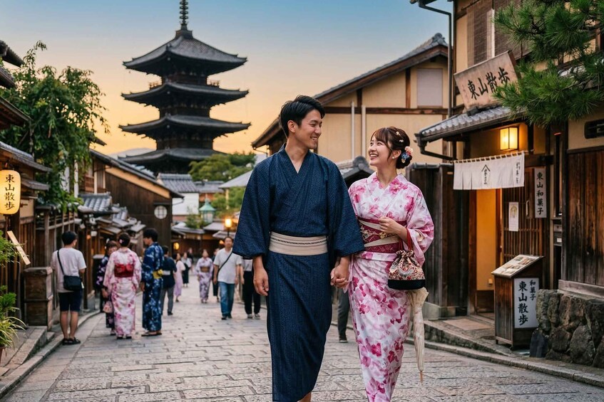 A traditional Japanese street with a pagoda in the background. 2