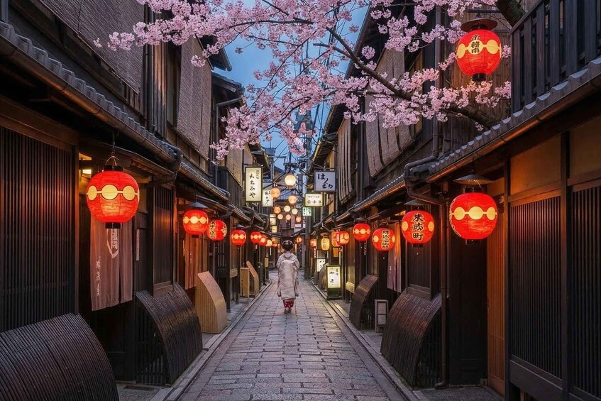 A narrow street lined with traditional buildings, cherry blossoms, and red lanterns. 3