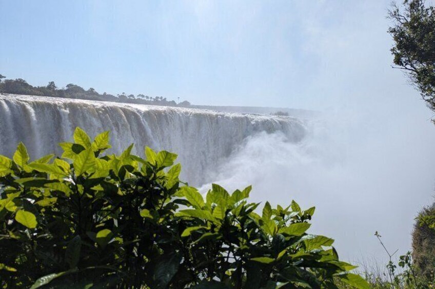 A waterfall with mist, surrounded by greenery. 1