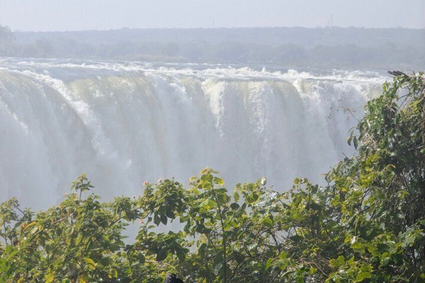 A large waterfall with dense foliage in the foreground. 5