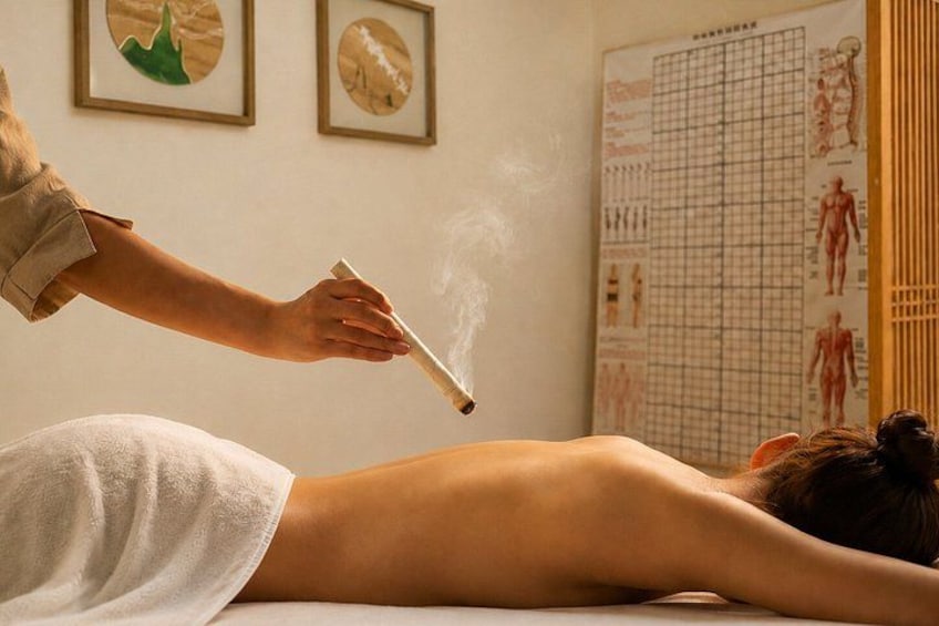 A person receiving a traditional therapy with a burning incense stick. 1