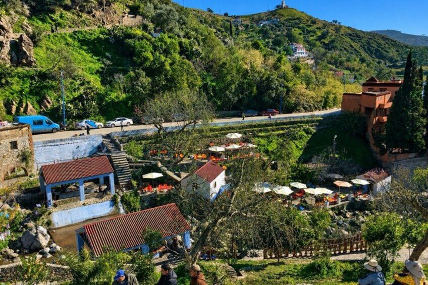 A hillside village with terraced gardens, a church, and a road. 3