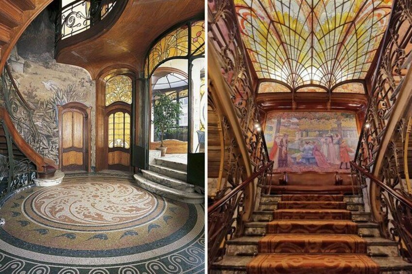 A grand staircase with ornate railings and a mosaic floor. 2