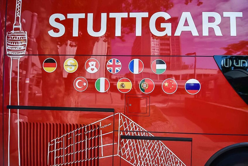 A red vehicle with 'STUTTGART' and various national flags. 3