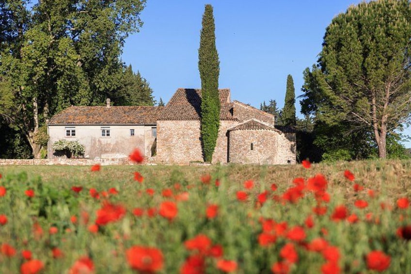 A stone building with a tiled roof, surrounded by trees and red flowers. 2
