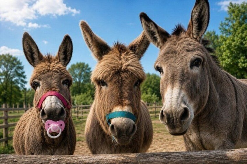 Three donkeys with halters, a wooden fence, and trees in the background. 1