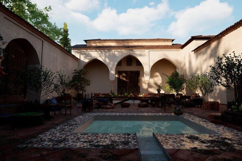 A courtyard with a pool, arches, and potted plants. 5