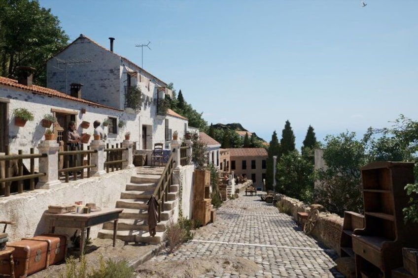A cobblestone street with buildings, a staircase, and a wooden bench. 4