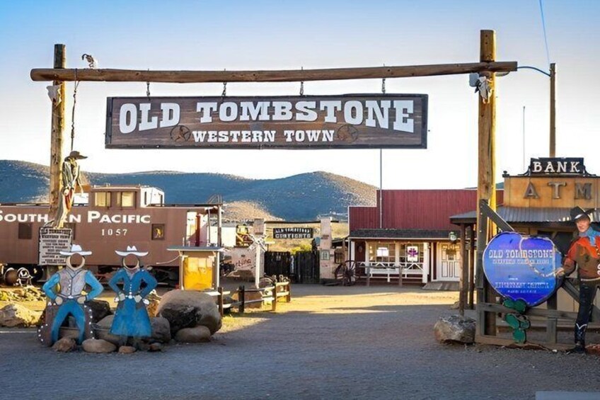 A Western-themed town with a sign reading 'Old Tombstone Western Town,' a bank, and a South Pacific train. 5