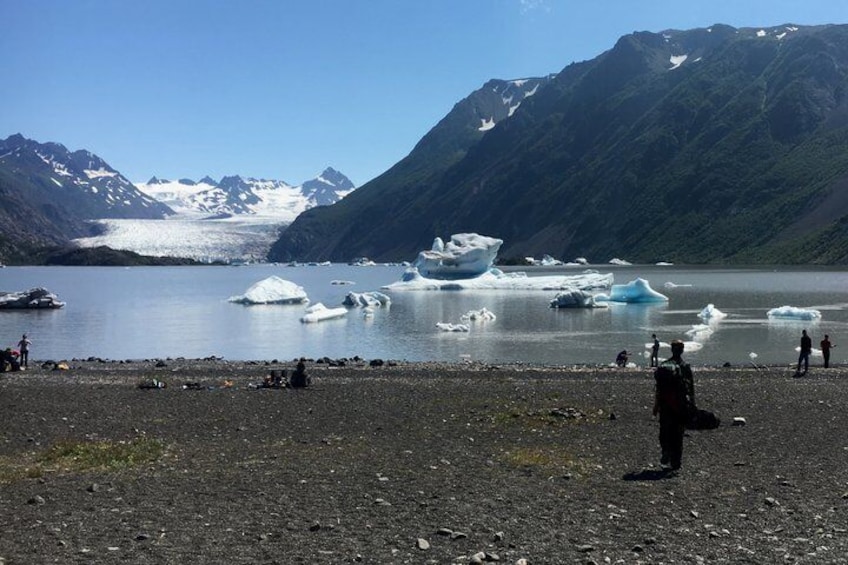 A glacier with icebergs in a lake, surrounded by mountains. 2