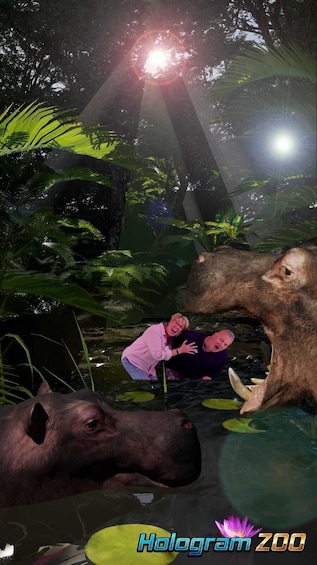 A zoo enclosure with a large animal, possibly a hippo, and a smaller animal, possibly a monkey, in a water area surrounded by greenery. 3