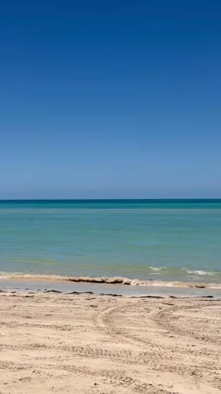 A beach with clear blue water and a sandy shore. 5