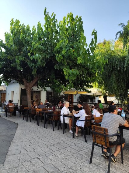 Un café con terraza, personas comiendo y un árbol grande que da sombra. 5