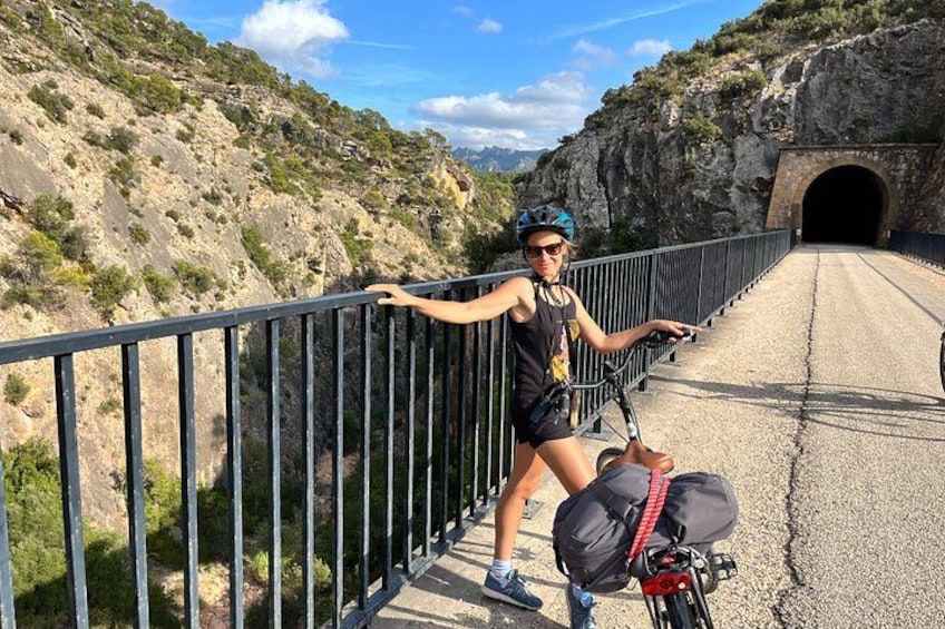 A person on a bicycle on a bridge with a tunnel in the background. 4