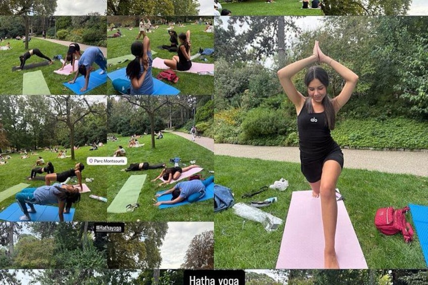 A yoga session in a park with participants on mats. 4