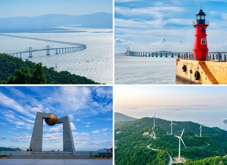 A bridge, a lighthouse, a sculpture, and wind turbines. 2