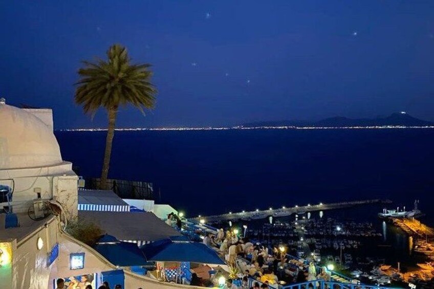 A coastal scene with a palm tree, a lit-up pier, and a distant mountain range. 5