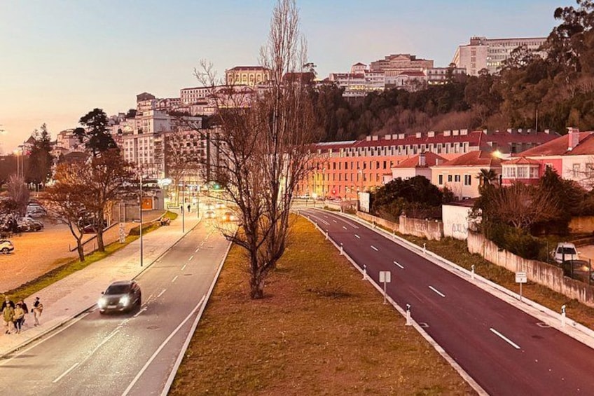 A wide road with vehicles, a tree-lined median, and buildings in the background. 3