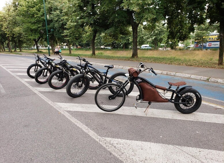 A row of bicycles parked on a street with trees and a pedestrian crossing in the background. 2