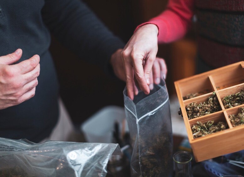 Two people handling a plastic bag with dried herbs, and a wooden box with compartments containing similar herbs. 5