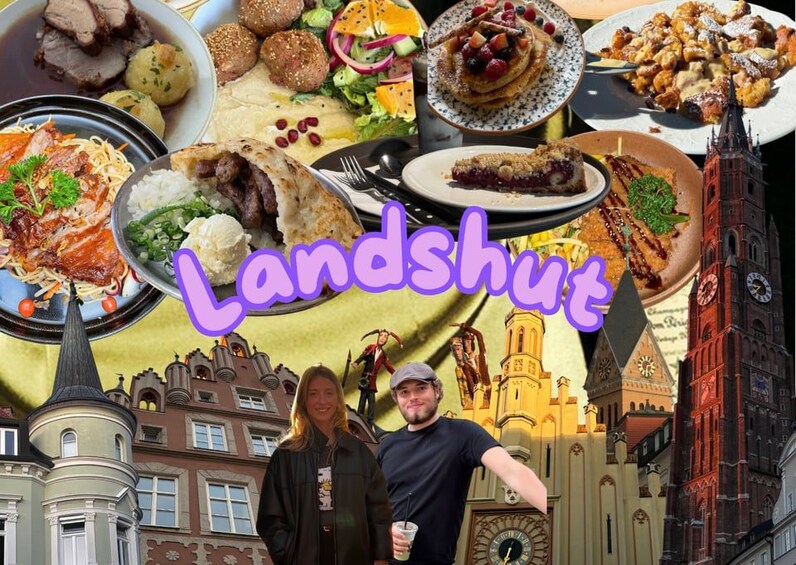 A collage of food dishes, a clock tower, and a building with a spire. 1