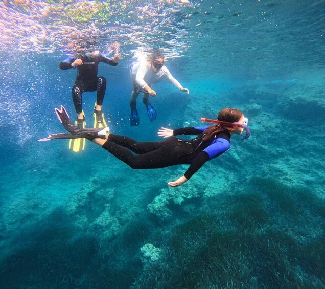 Three people scuba diving underwater. 4