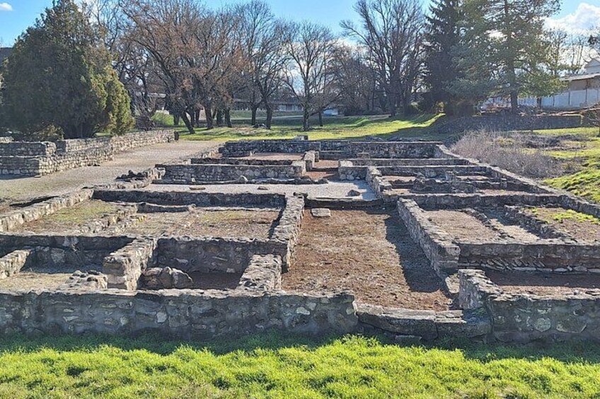 Ancient stone ruins with rectangular structures, surrounded by grassy areas and trees. 3