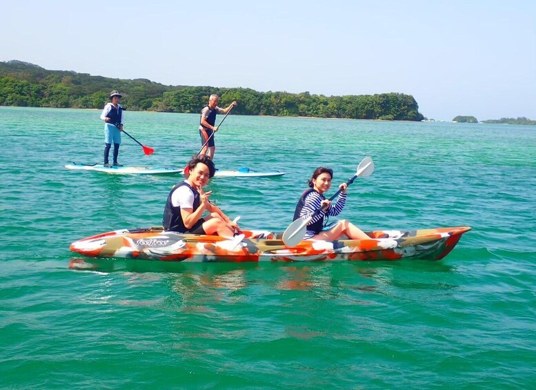 Three people kayaking on turquoise water with a forested island in the background. 2