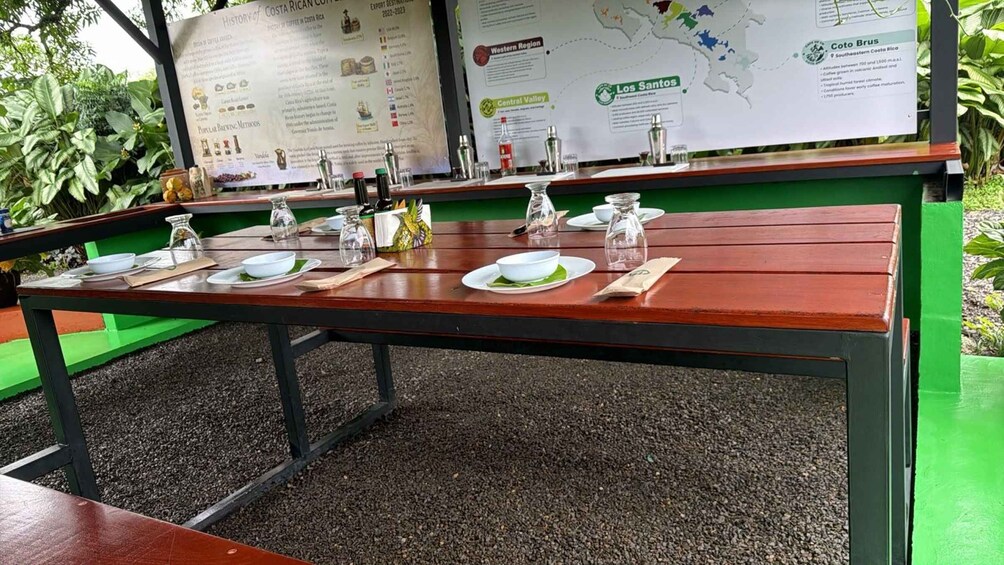 A wooden table with plates, glasses, and condiments, set outdoors with a map and informational boards in the background. 2