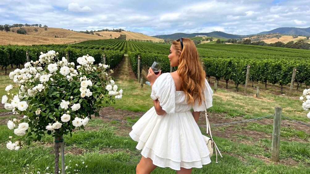A woman in a white dress standing in a vineyard, holding a glass of wine. 2