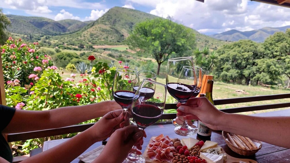 A group of people toasting with wine glasses, a bottle of wine, and a variety of cheeses and cured meats on a table with a scenic mountain backdrop. 1