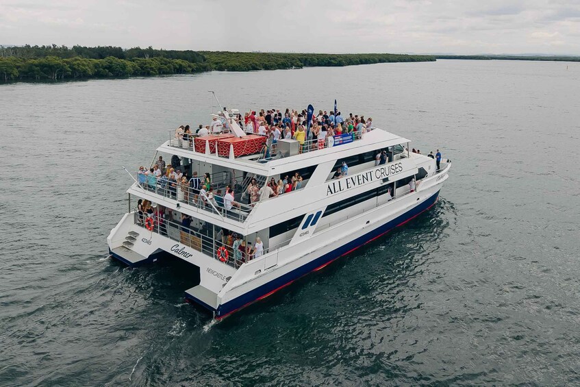 A large white cruise ship named 'Calmar' with 'Newcastle' written on the side, sailing on a body of water with a forested shoreline in the background. 3