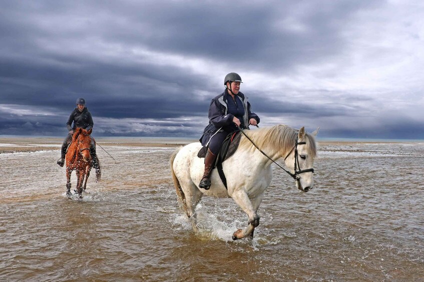 Two horses and riders in a flooded area with a cloudy sky. 1