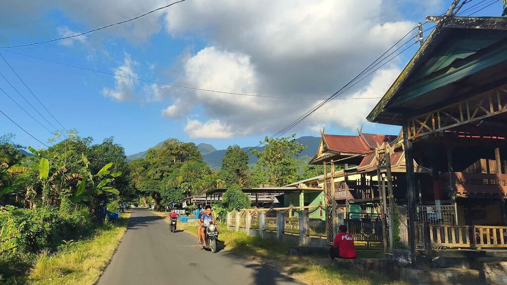A rural road flanked by houses, vegetation, and mountains in the distance. 1