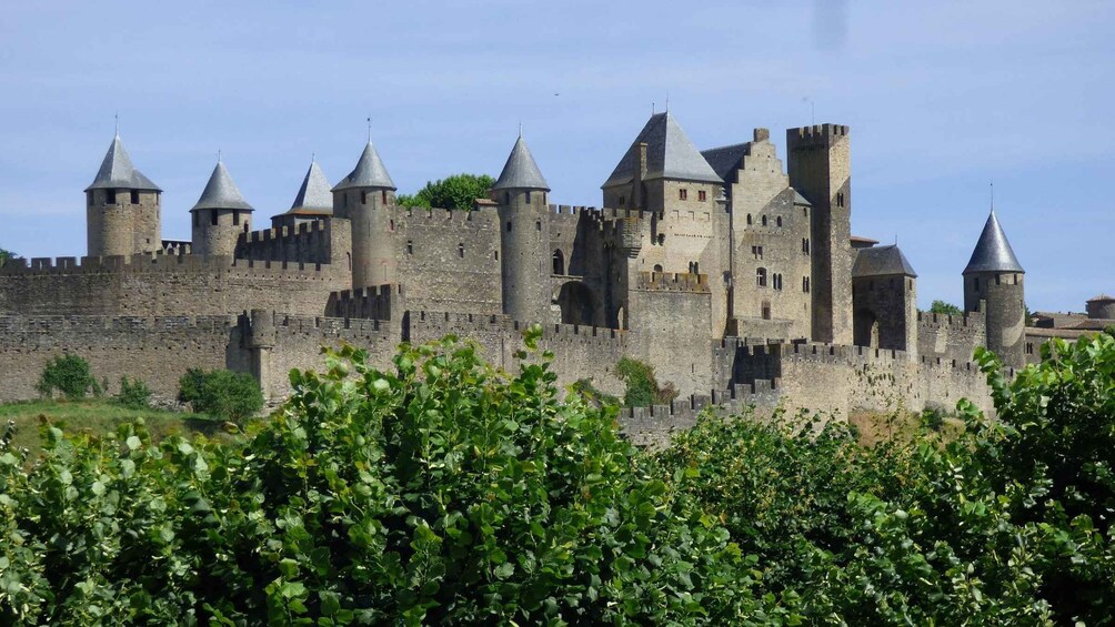 A medieval castle with multiple towers and a fortified wall. 1