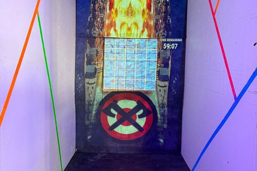 A wall with a grid, a timer reading 59:07, and a prohibition sign. 1