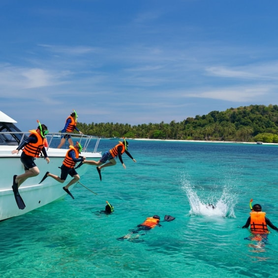 People snorkeling in clear turquoise water with a boat and a forested island in the background. 1